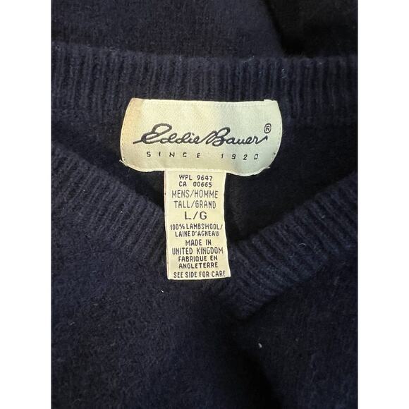 Eddie Bauer Lambswool Sweater Men's Large Navy Classic V Neck Outdoors Wool - Picture 2 of 8